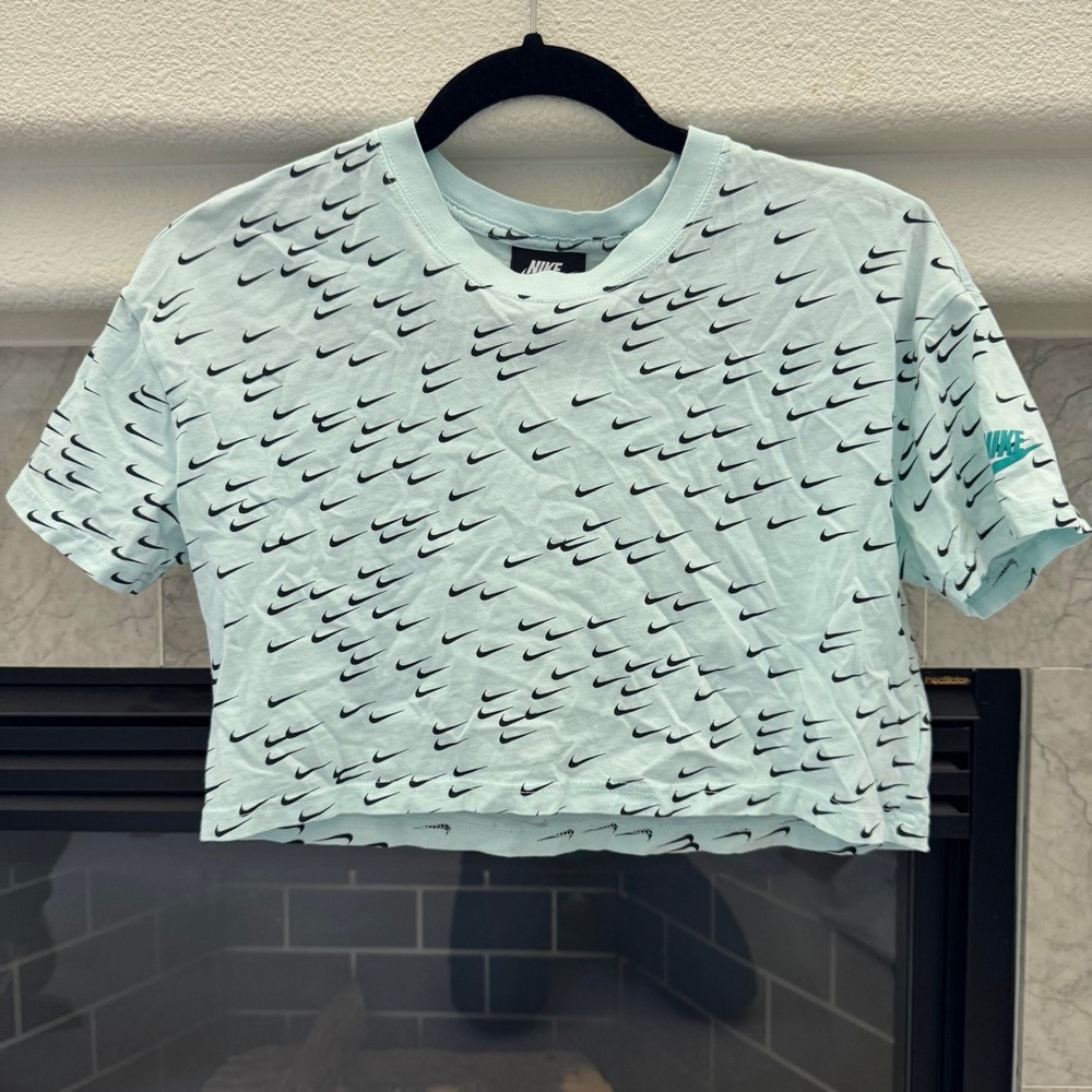 Nike All Over Print Crop Top T-Shirt Swoosh Aqua Teal Women's Small